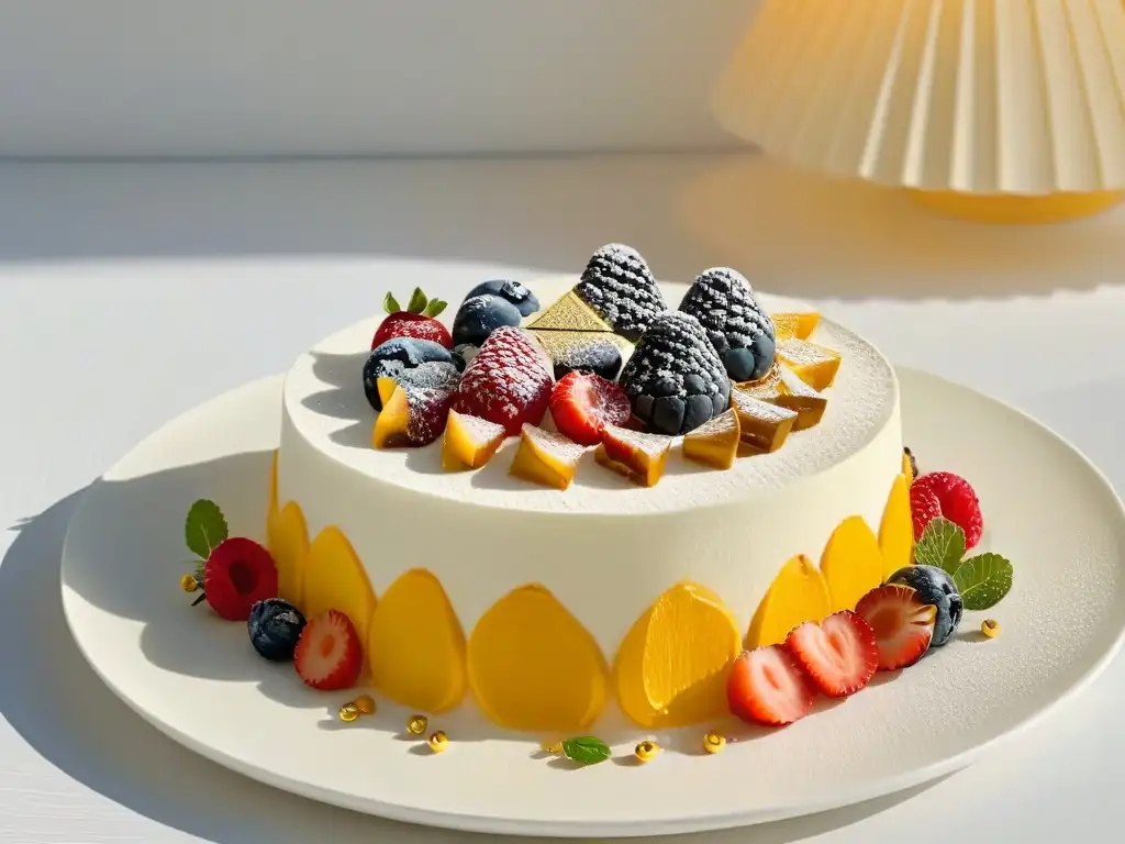 Un postre impreso en 3D de diseño geométrico con detalles exquisitos, decorado con hojas de oro comestibles y frutas vibrantes en un plato moderno