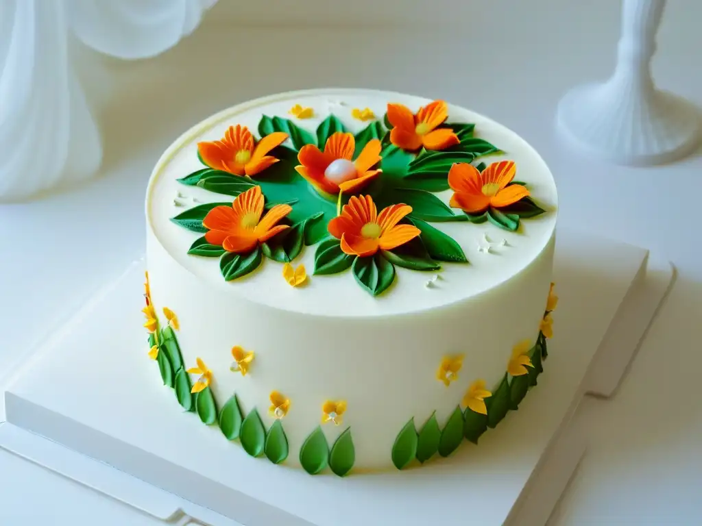 Un postre impreso en 3D con exquisitos detalles florales y patrones geométricos, fusionando tecnología y creatividad culinaria