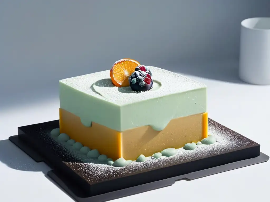 Un postre impreso en 3D desafiando la gravedad con formas geométricas y colores vibrantes, sobre una superficie pulida