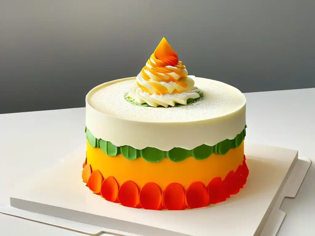 Un postre impreso en 3D, una obra maestra de repostería con formas geométricas y colores vibrantes en equilibrio perfecto