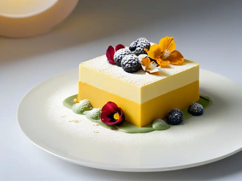 Un postre innovador con diseño exquisito y elegante en un plato moderno, resaltando colores y texturas