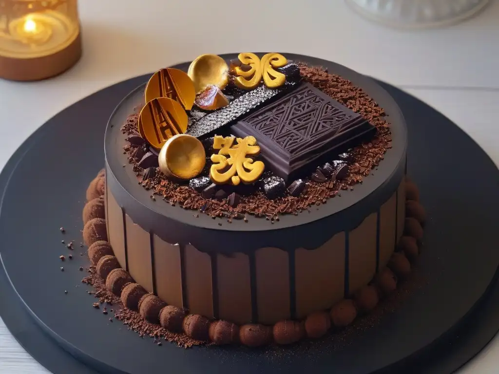 Un postre inspirado en arte egipcio: sofisticado, misterioso y detallado, con adornos de chocolate en una presentación elegante