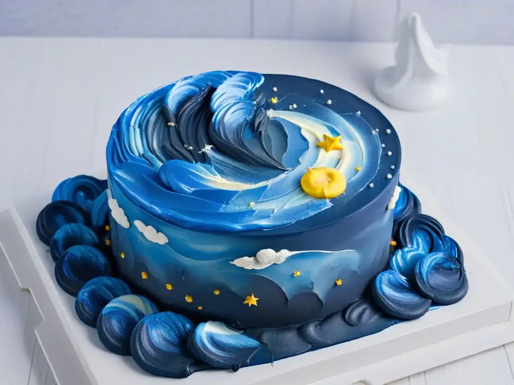 Postre inspirado en Van Gogh: Swirls azules y amarillos en 8k Postre inspirado en Van Gogh: detalle en 8k de un exquisito postre con decoración de 'La noche estrellada', en azul y amarillo sobre fondo blanco