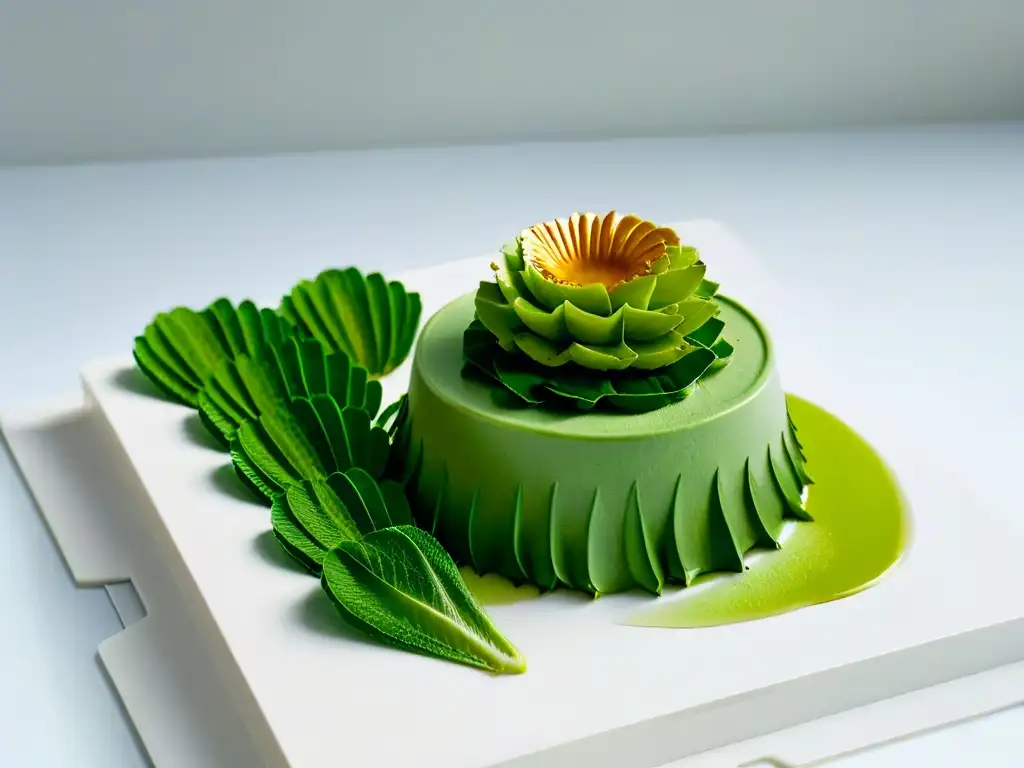 Un postre inspirado en estrategias: exquisitas capas de pasteles simétricos en tonos verdes, representando crecimiento y renovación