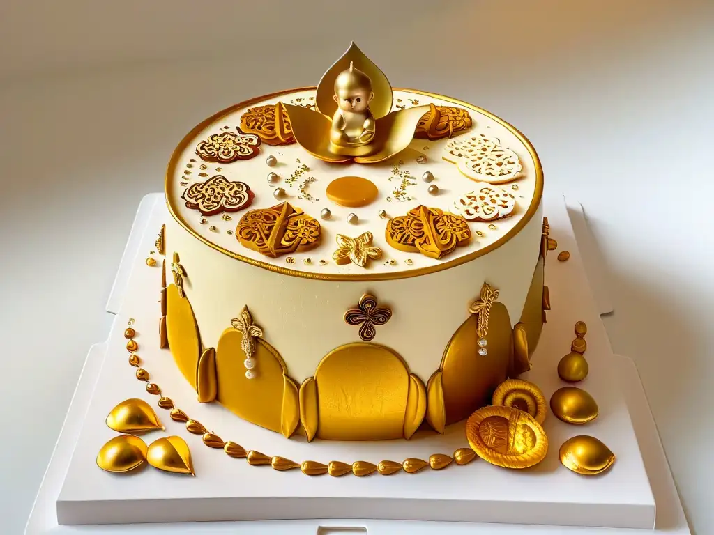 Postre inspirado en iconografía bizantina: dulce cubierto de hojas de oro y decoraciones religiosas detalladas