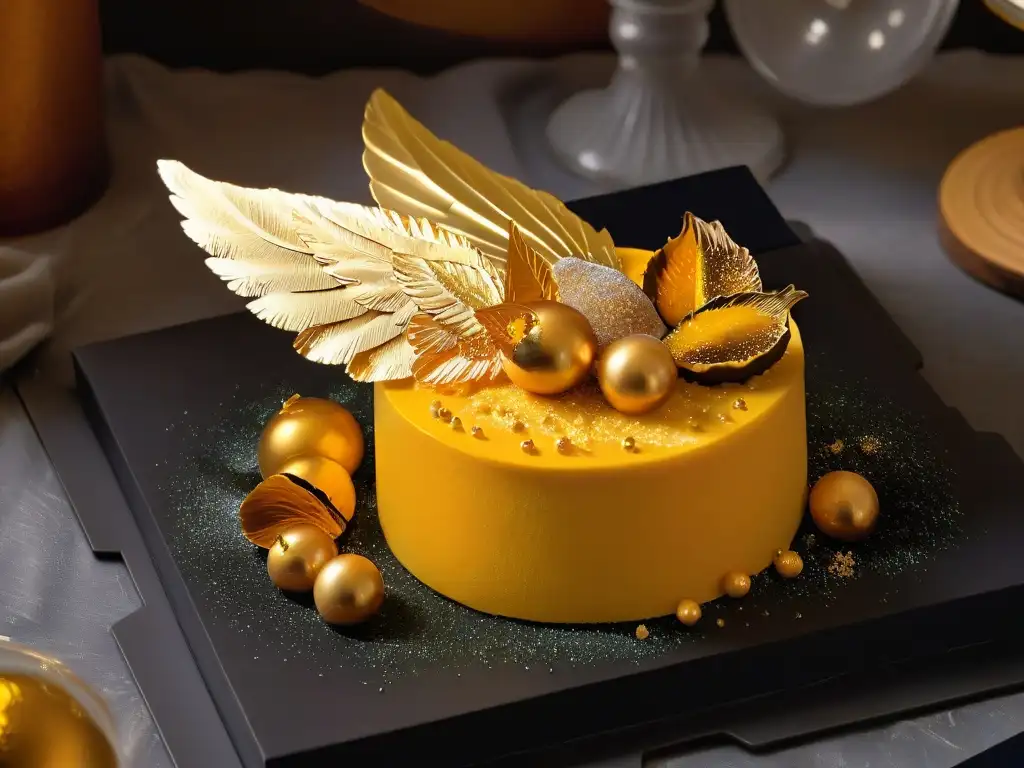 Un postre inspirado en las películas de Harry Potter: un detallado y brillante snitch dorado sobre un elegante plato negro