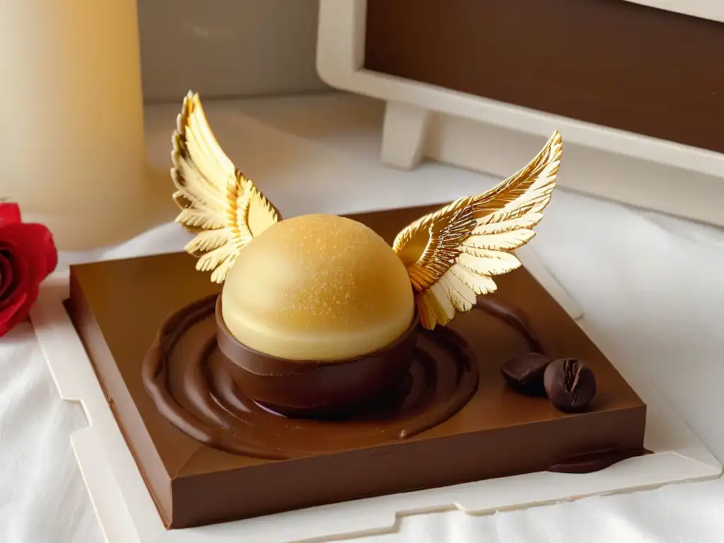 Un postre inspirado en las películas de Harry Potter: una snitch dorada de azúcar sobre ganache de chocolate en cocina mágica