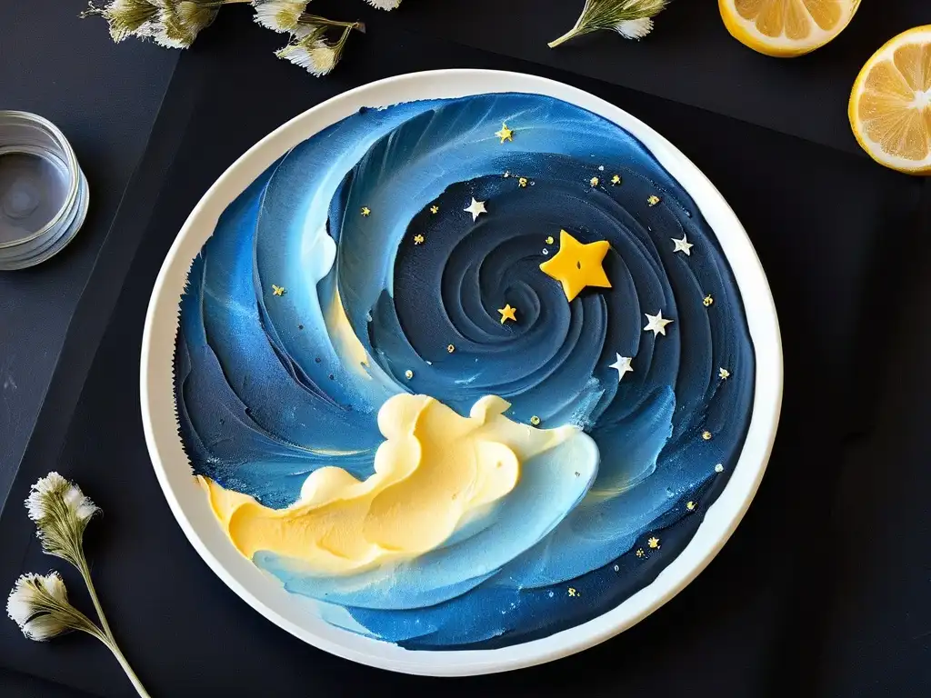 Postre inspirado en 'La noche estrellada' de Van Gogh Un postre inspirado en Van Gogh: un plato minimalista con swirls de frosting azul y amarillo, estrellas comestibles sobre fondo negro
