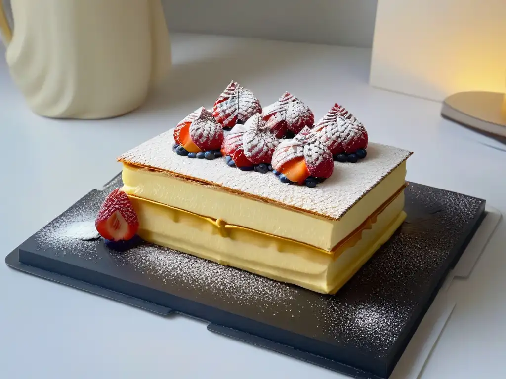 Un postre de fusión internacional gourmet: millefeuille con matcha yuzu y hoja de oro, presentado con elegancia en plato negro