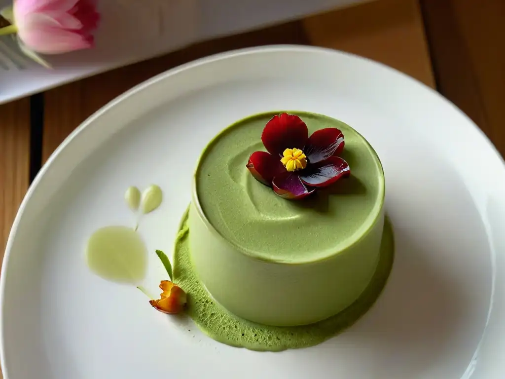 Un postre japonés de diseño minimalista: un exquisito mousse de té verde matcha con pétalo de flor de cerezo sobre una elegante vajilla blanca