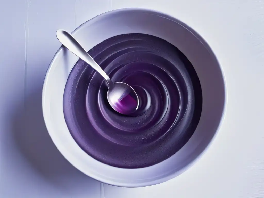 Un postre líquido creativo innovador: cucharada elegante en bol de vidrio con líquido morado brillante