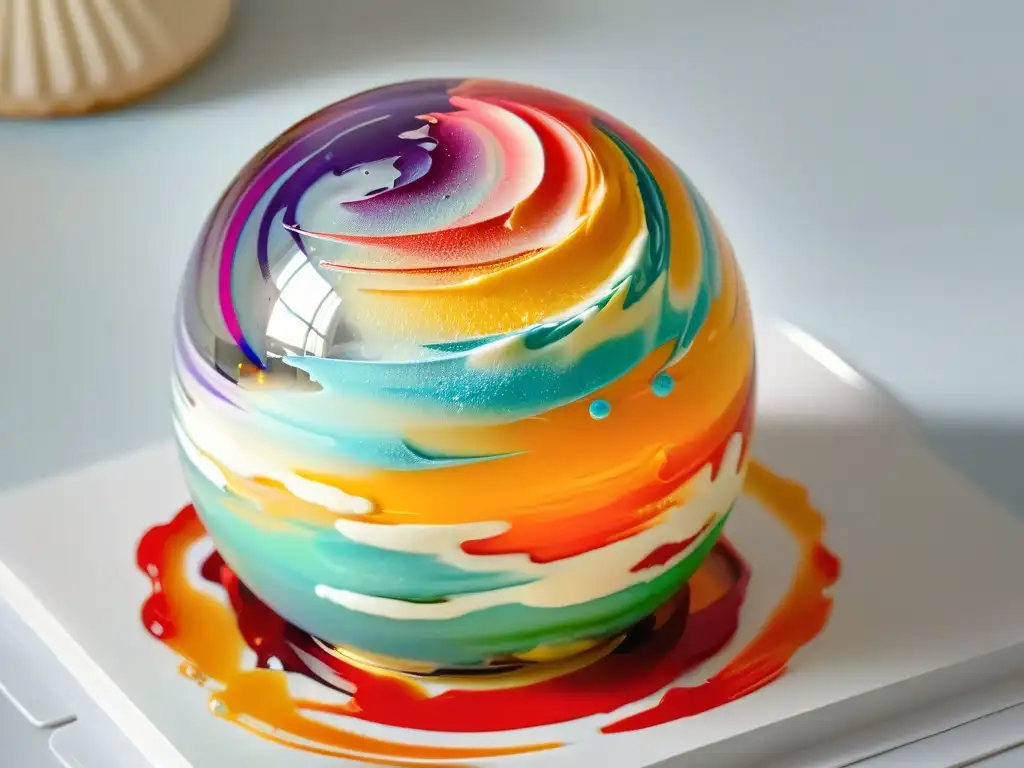 Un postre líquido innovador en esfera de cristal con mezcla de colores y texturas, hipnótico y visualmente atractivo