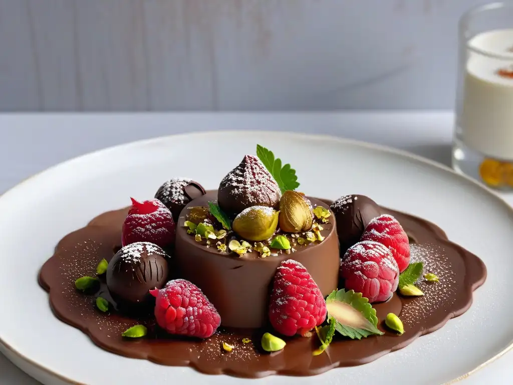 Un postre de lujo: esfera de chocolate con hoja de oro, pistachos y coulis de frambuesa