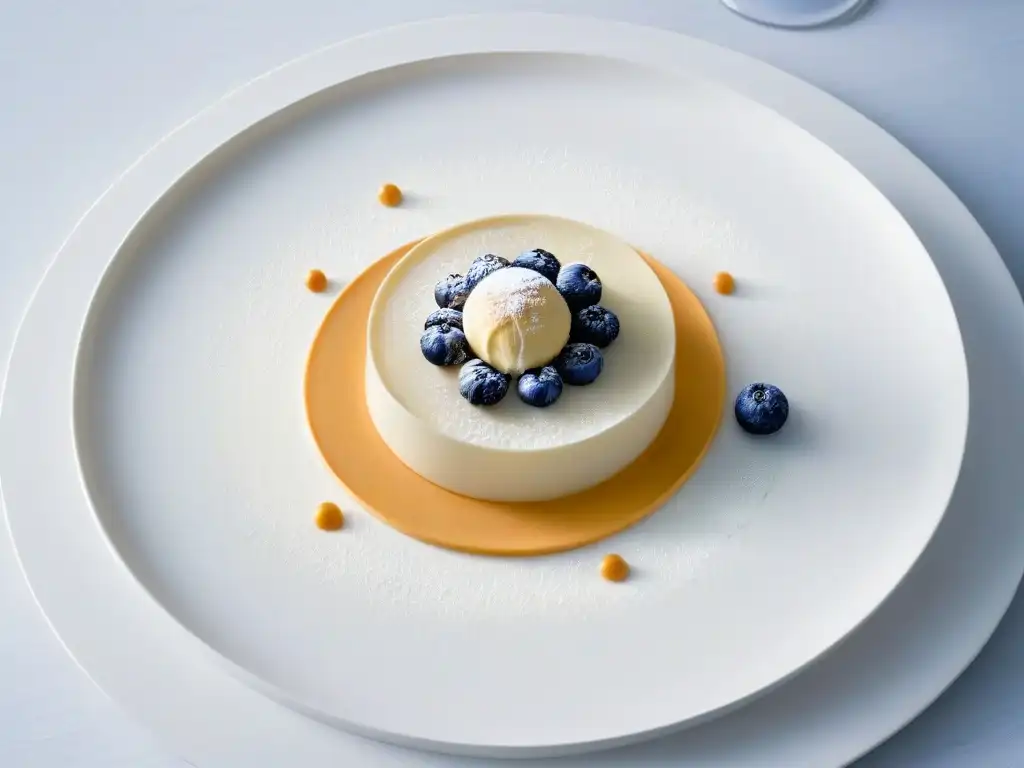 Postre minimalista de arte en repostería: equilibrio de líneas y colores en plato moderno