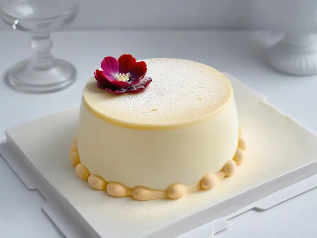 Un postre minimalista de arte en repostería: un pequeño pastel de mousse esférico con un glaseado brillante y una flor comestible