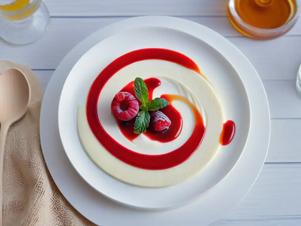 Un postre minimalista sin gluten: Panna cotta de coco con coulis de frambuesa y menta fresca