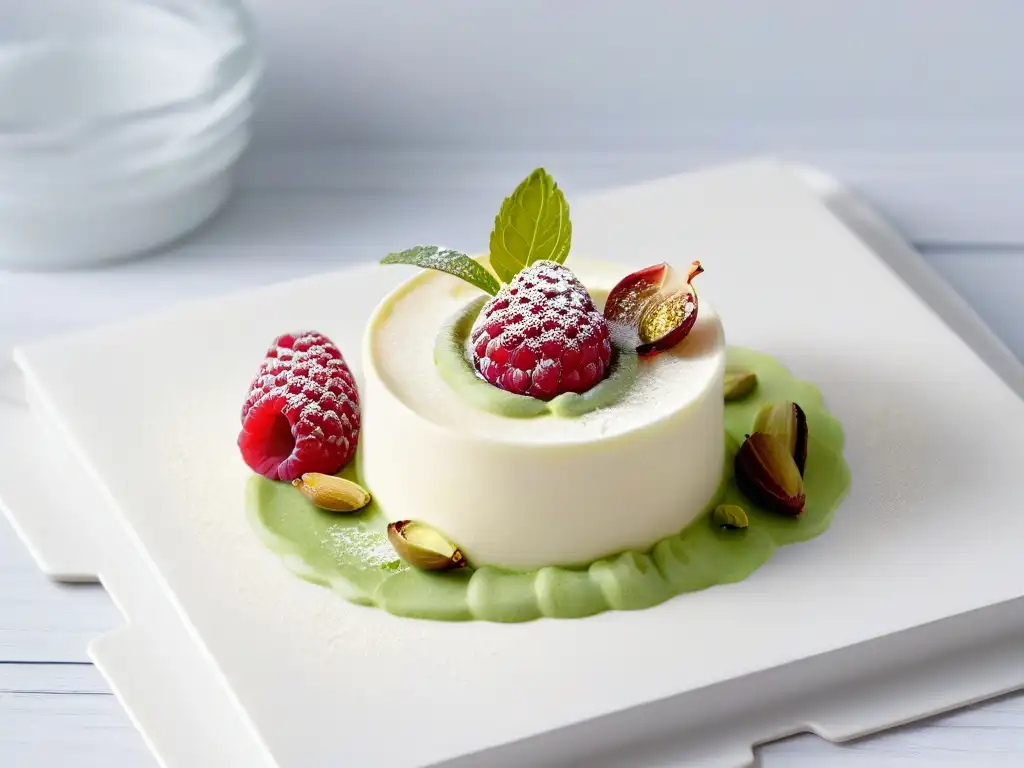 Un postre minimalista sin gluten: panna cotta con coulis de frambuesa y pistachos triturados, adornado con una hoja de menta fresca