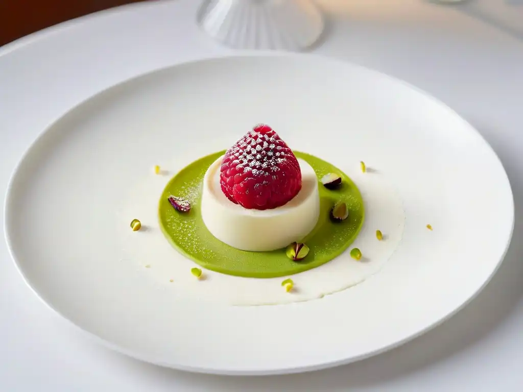 Postre minimalista: panna cotta con frambuesa y pistachos en plato blanco moderno