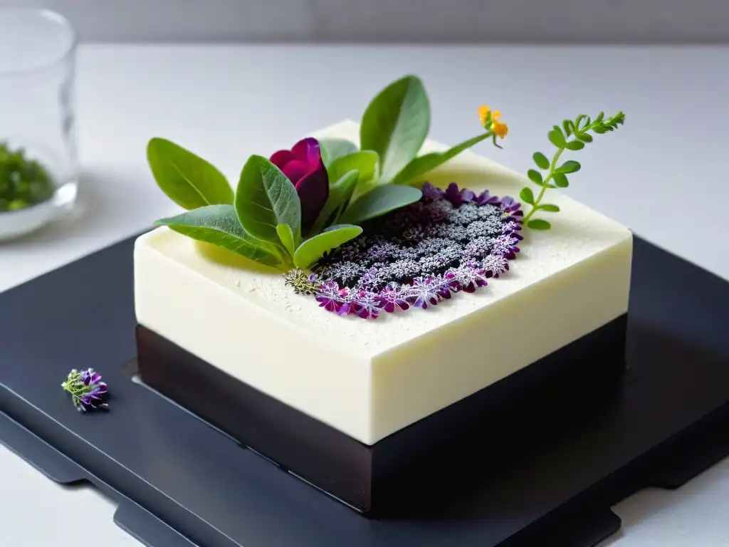 Un postre minimalista de diseño futurista con microgreens y flores comestibles en plato negro