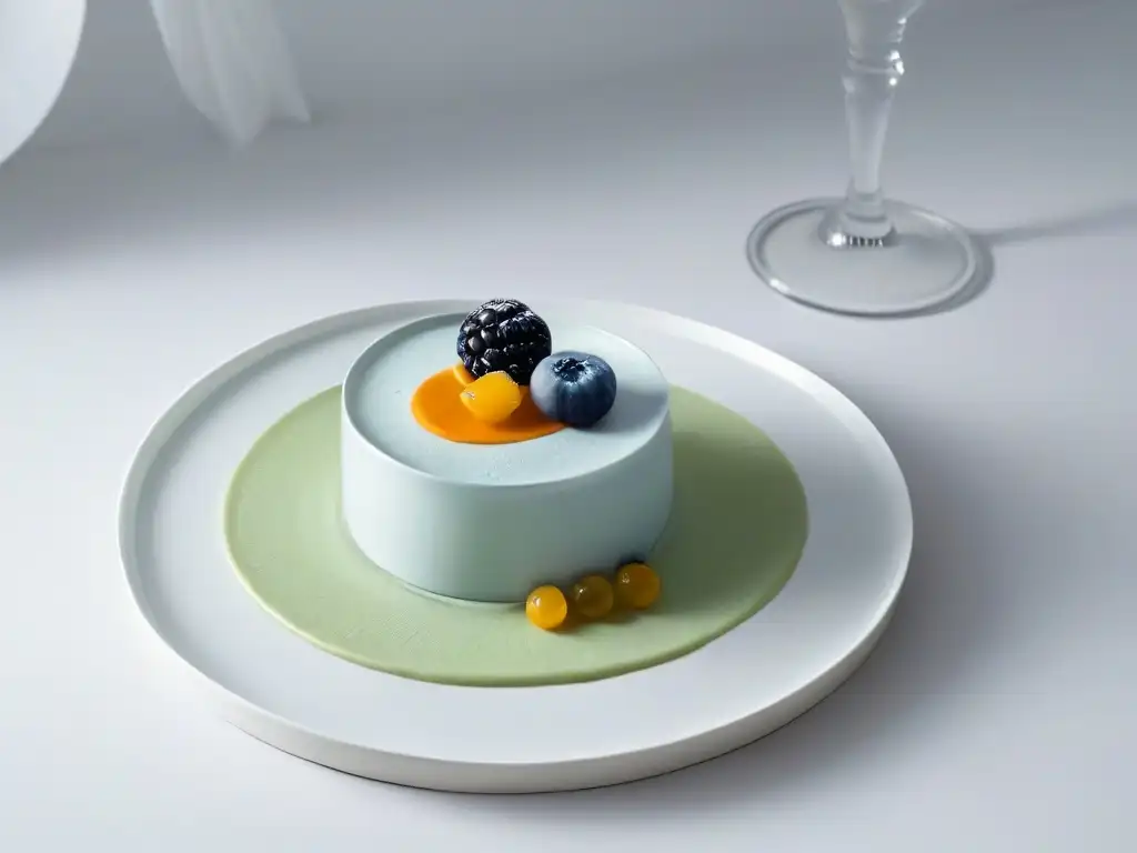 Un postre minimalista en un elegante plato blanco con diseño intrincado