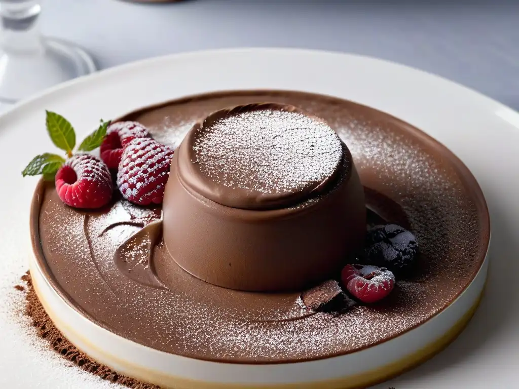 Postre minimalista: esfera de mousse de chocolate con frambuesa y azúcar glass