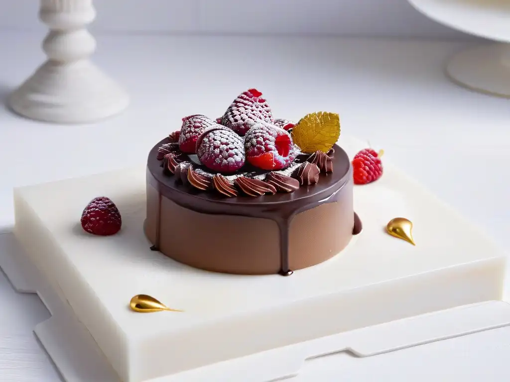 Postre minimalista: esfera de mousse de chocolate con hoja de oro y frambuesas frescas en encimera de mármol blanco
