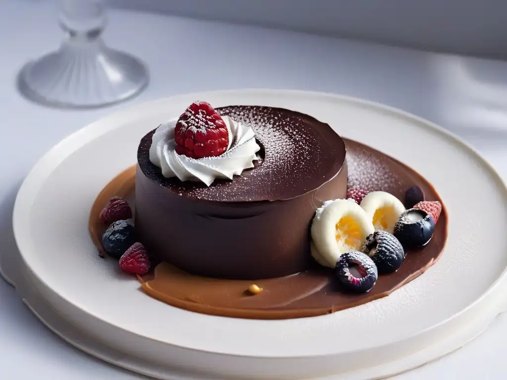 Un postre minimalista con ganache, chantilly y frambuesa en plato negro