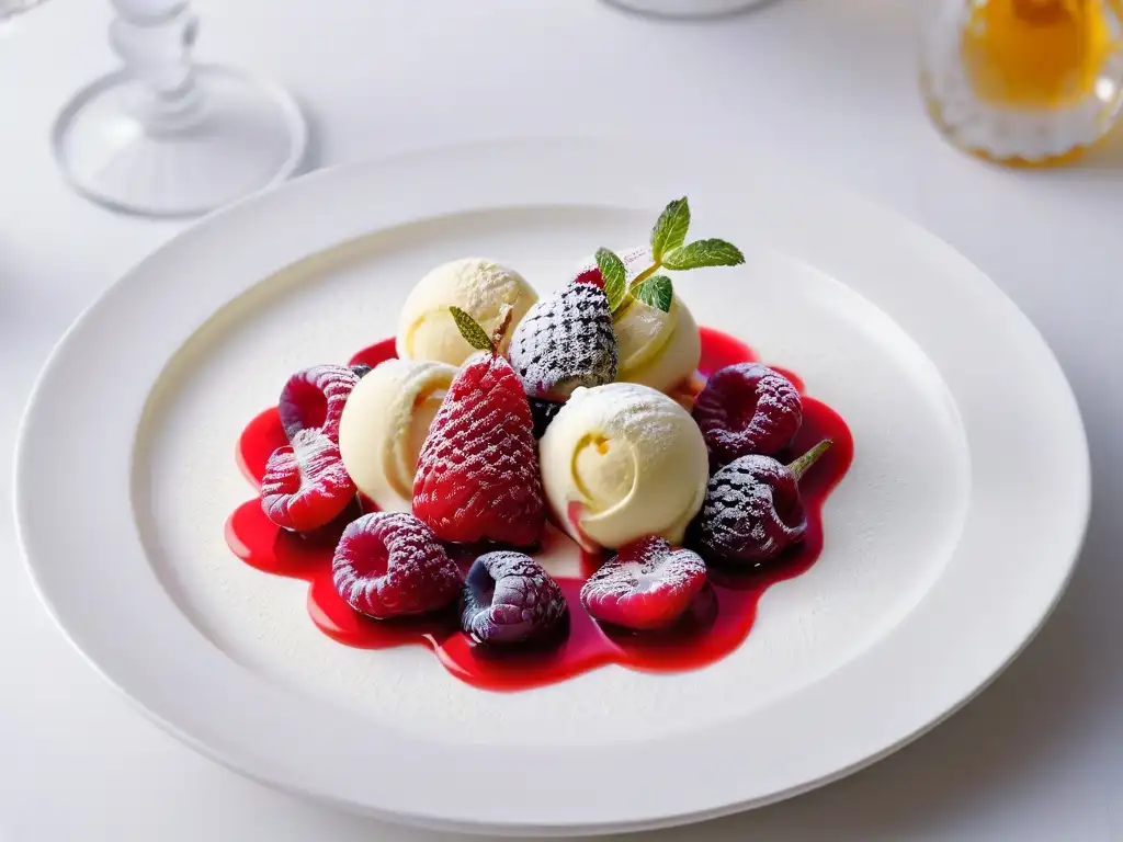 Postre minimalista de helado de vainilla con frambuesas y miel