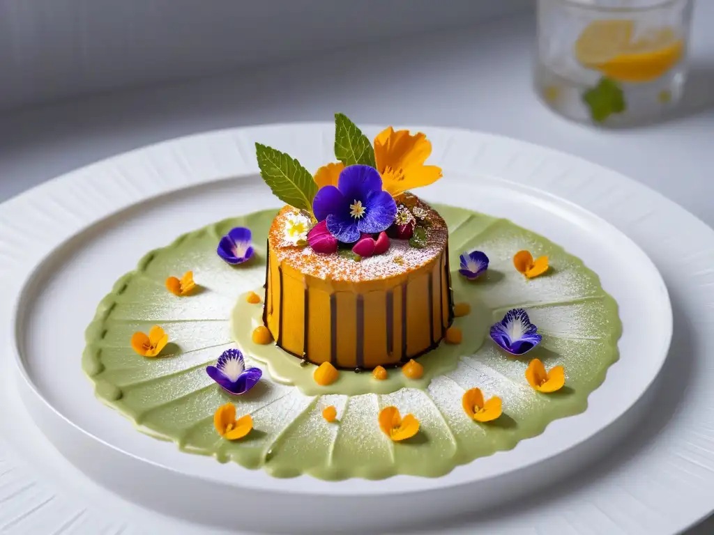 Postre minimalista y sostenible con flores comestibles y salsas coloridas