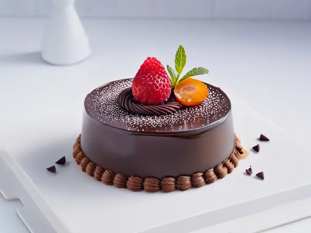 Un postre moderno con amaranto en una exquisita mezcla de chocolate brillante sobre fondo blanco