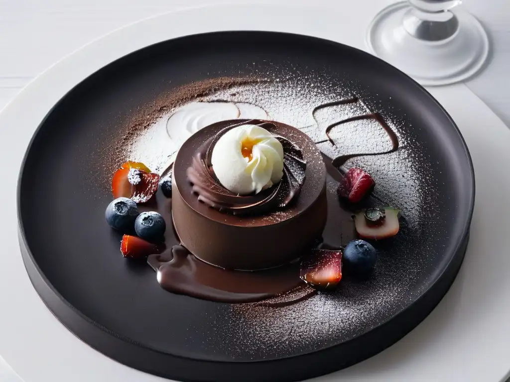 Un postre moderno con contrastes sorprendentes: esfera de ganache de chocolate negro sobre espuma de vainilla en un elegante plato negro mate