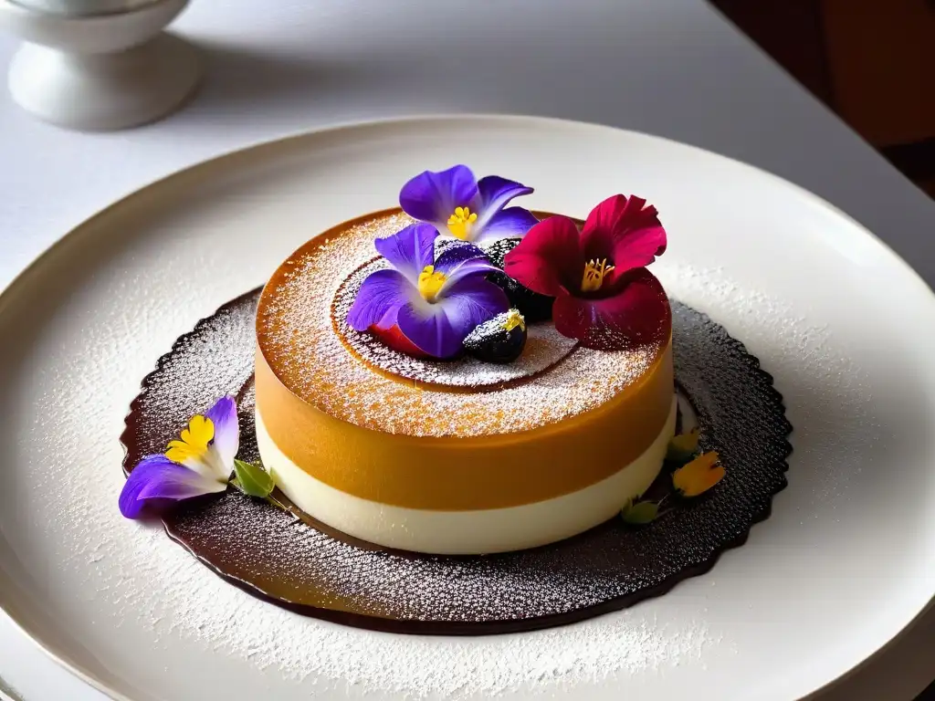 Un postre moderno y decadente con ingredientes fermentados, presentado elegantemente en un plato minimalista con flores comestibles