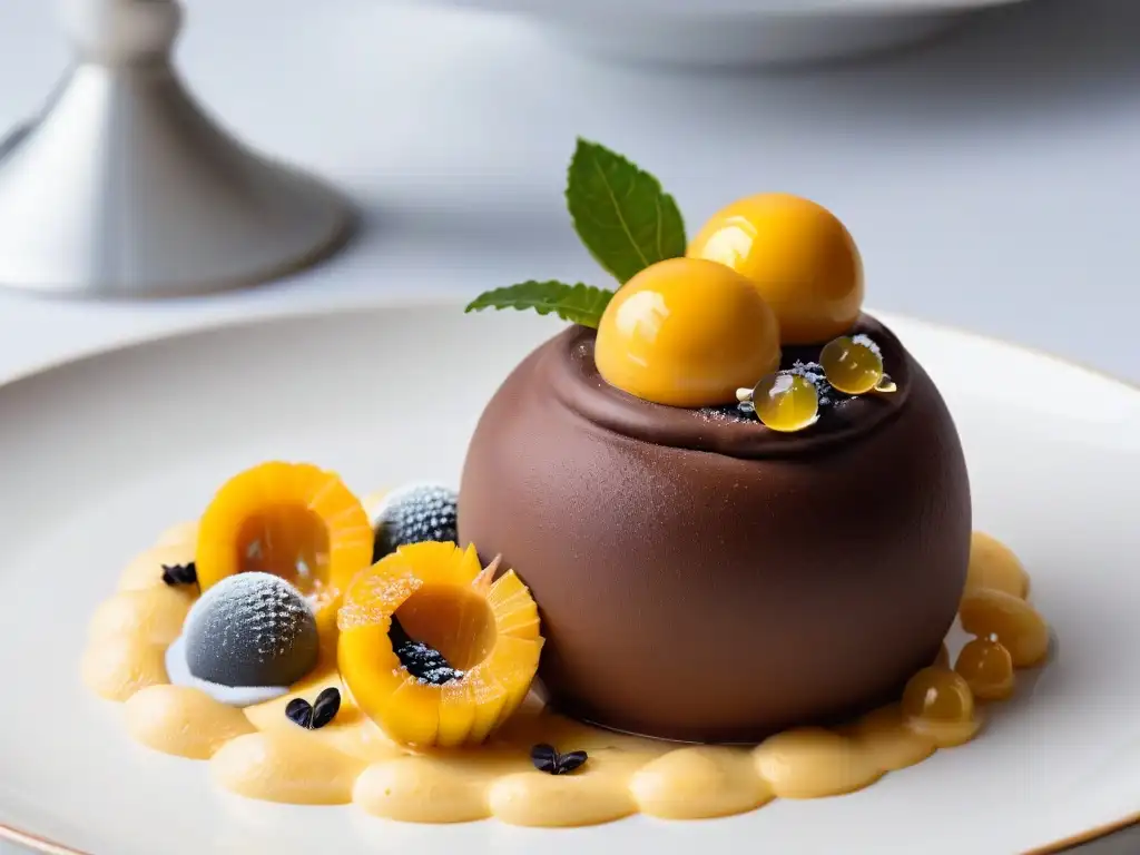 Postre molecular: esfera de chocolate rellena de mousse de mango, top de hoja de plata y caviar de fruta de la pasión