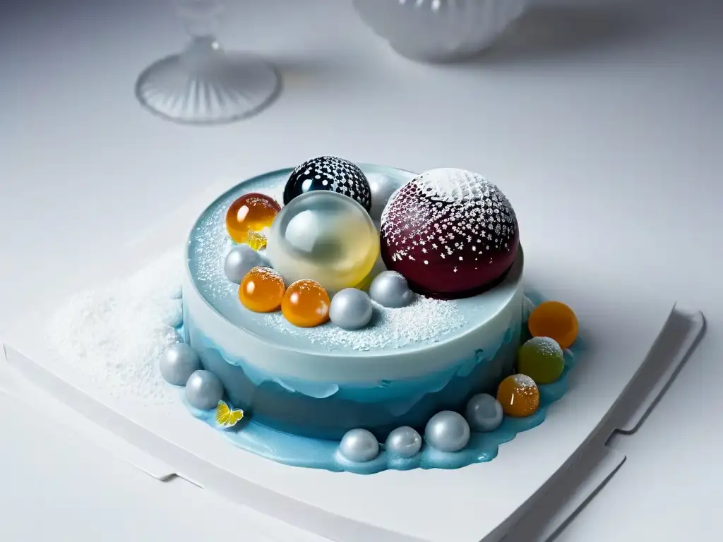 Exquisita creación gastronómica futurista de postre molecular Un postre molecular de vanguardia con capas de esferas transparentes, perlas brillantes y esculturas de azúcar delicadas, rodeado de humo aromático