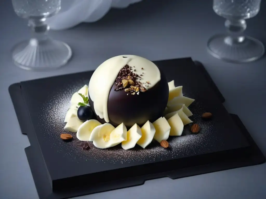 Un postre monocromático elegante con esfera de chocolate negro sobre plato blanco y negro