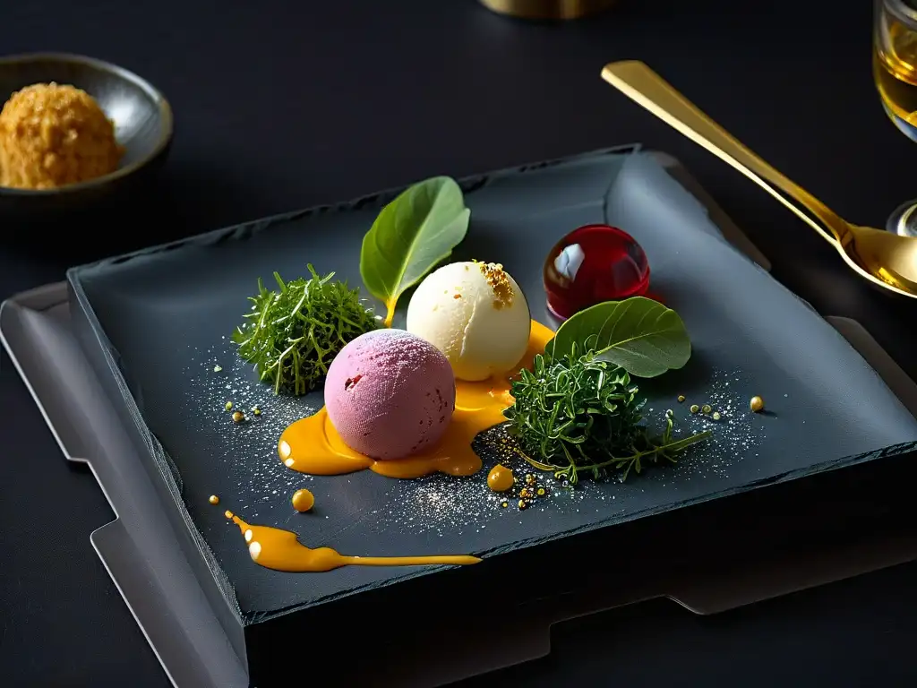 Postre multisensorial: esfera de helado de gastronomía molecular en cuchara de metal brillante, rodeada de microgreens y salsas vibrantes