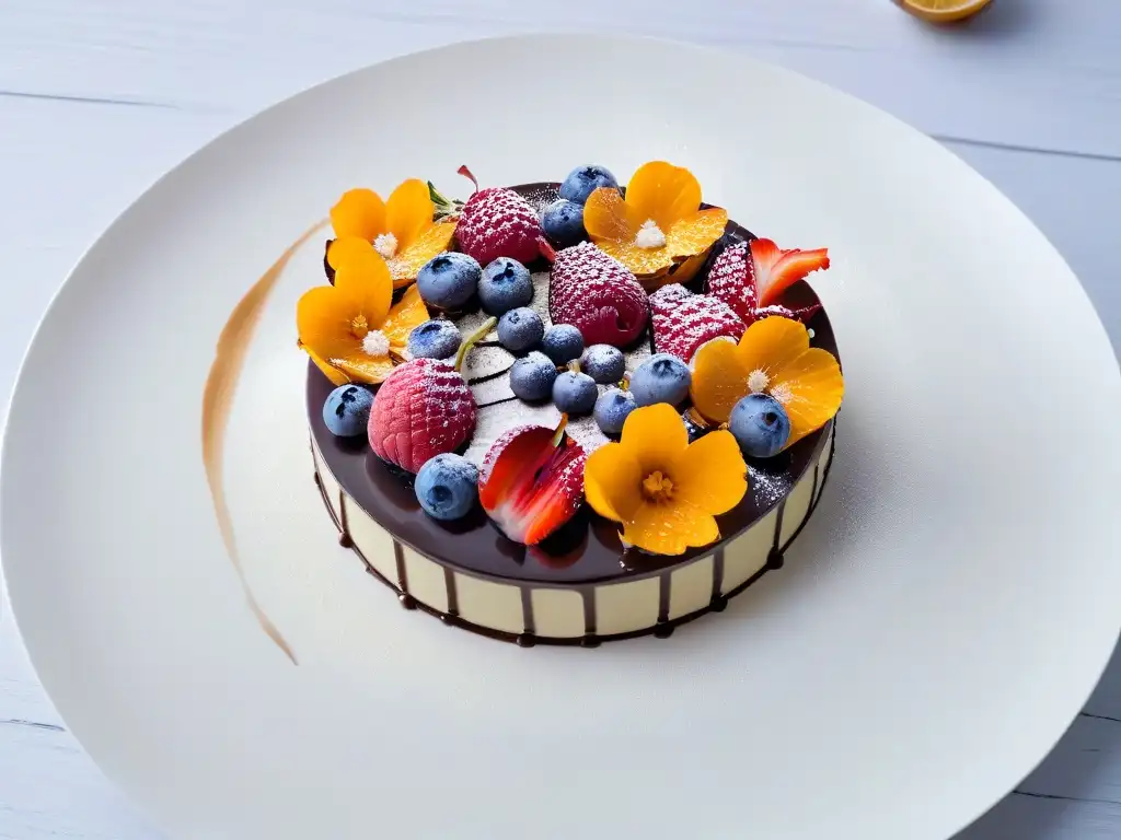 Un postre multisensorial sin gluten: capas de frutas frescas, chocolate brillante y flores comestibles en un elegante plato blanco