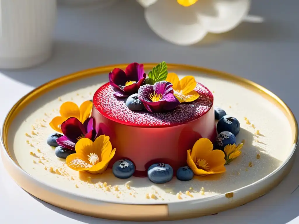 Un postre multisensorial inclusivo de repostería fina: delicado, colorido y texturas variadas, adornado con flores comestibles y pan de oro