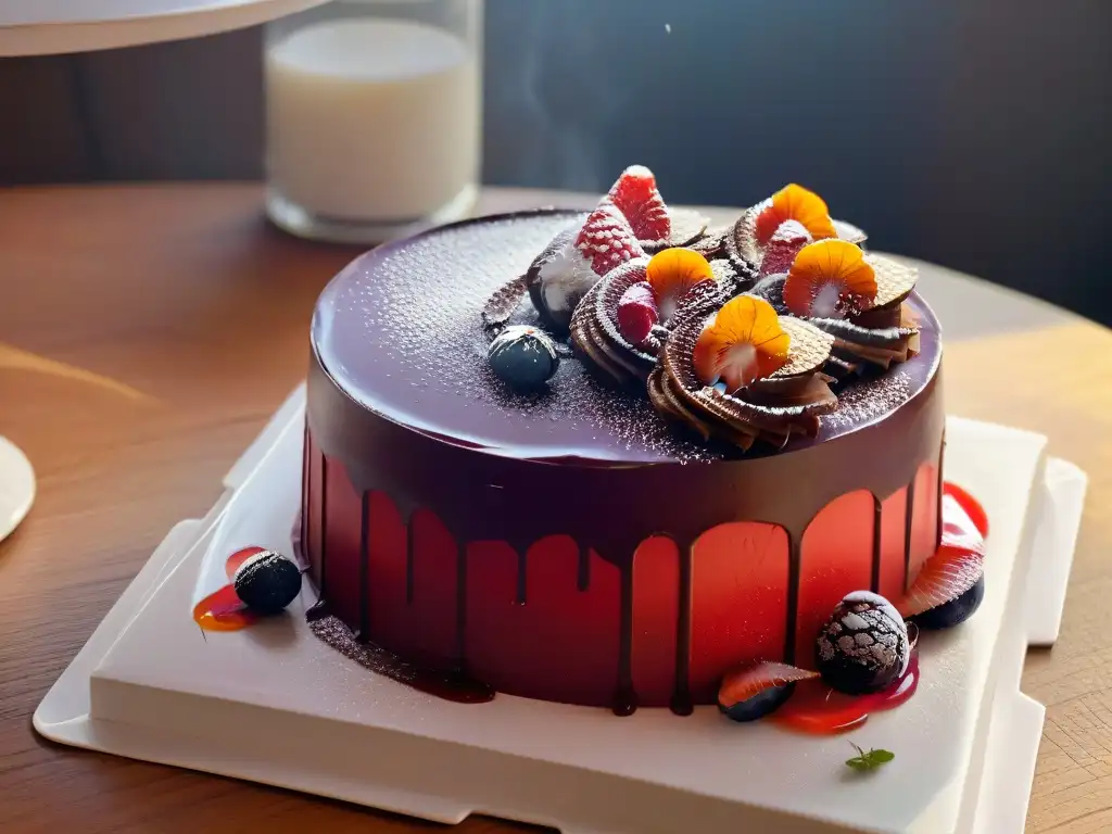 Postre multisensorial: una obra maestra de la repostería con colores vibrantes y texturas intrincadas, prometiendo una explosión de sabores y aromas