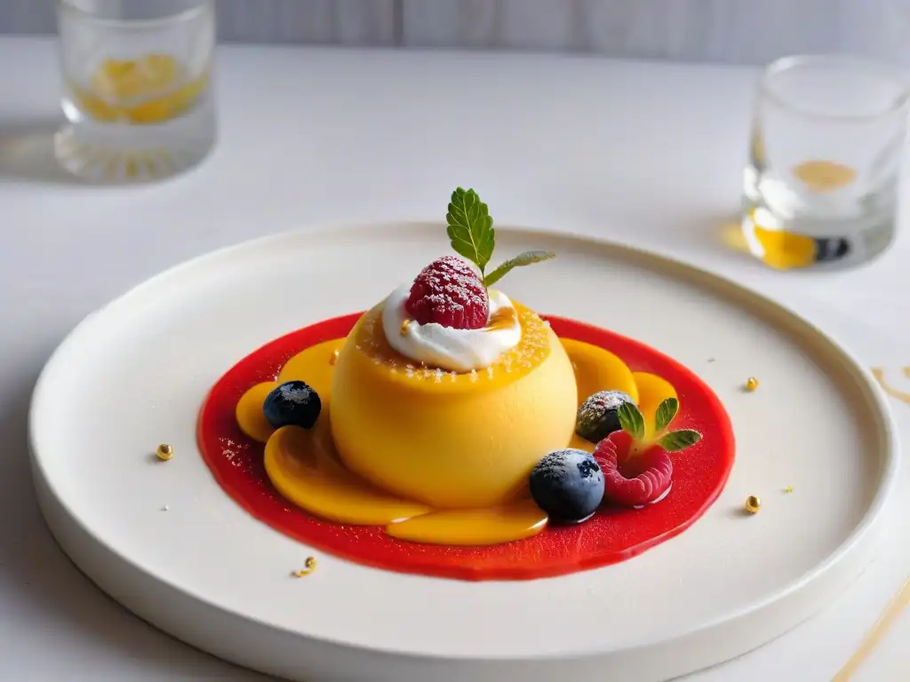 Postre multisensorial de tendencia en repostería: mango y frambuesa con detalles de oro y micro hierbas