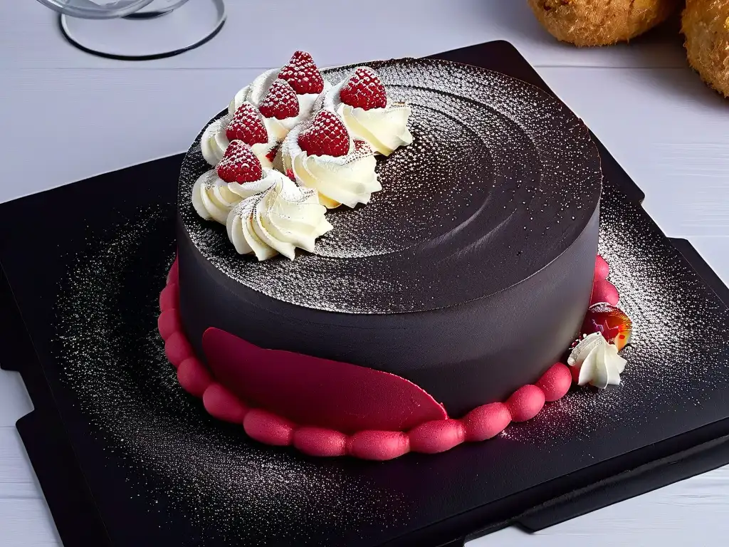 Preparar postre Mont Blanc personalizado: detalle de crema blanca con polvo de frambuesa sobre pizarra negra