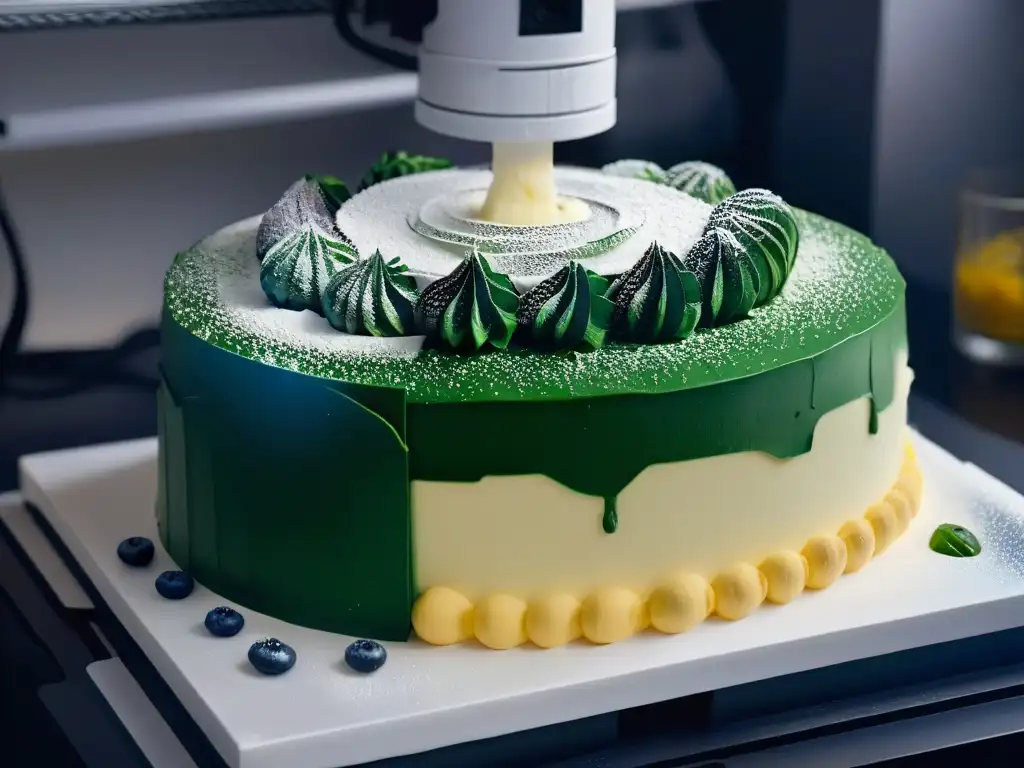 Un postre personalizado con impresión 3D: una torta multicapa con mensajes personalizados y patrones intrincados, creada con precisión futurista