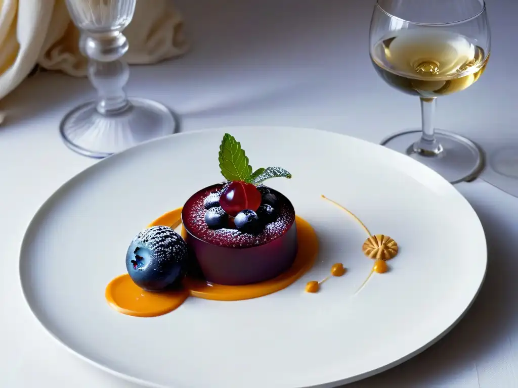 Postre gourmet y vino: armonía de colores y texturas Un postre exquisitamente presentado junto a una copa de vino, creando una combinación celestial de colores y texturas en un maridaje vinos postres