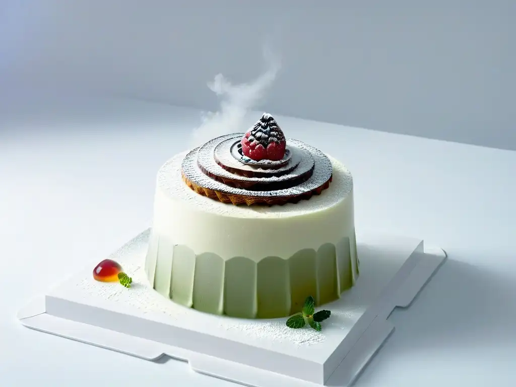 Postre elegantemente presentado en neblina futurista, fusionando tecnología de refrigeración avanzada y arte culinario