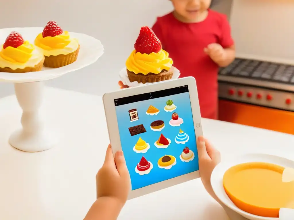 Un postre de Realidad Aumentada divertido flota sobre las manos de un niño en la cocina, interactuando con él en una tablet