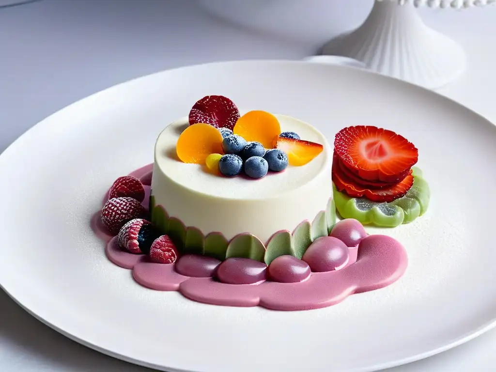 Postre de repostería molecular con cambio de color en elegante plato minimalista