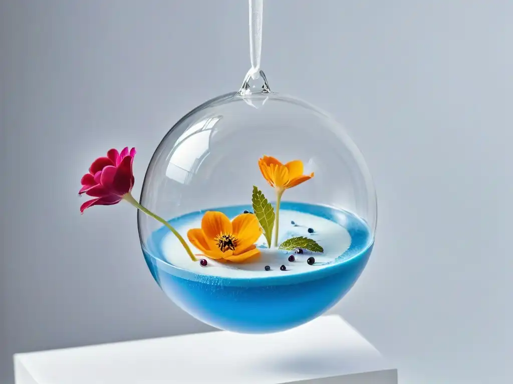 Un postre de repostería molecular suspendido en el aire, con esferas de gelatina, esculturas de azúcar y flores comestibles