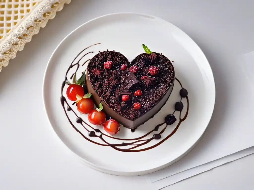 Un postre romántico con corazón decorado de chocolate, frutas rojas y hojas de menta sobre fondo blanco