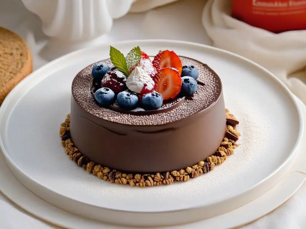 Postre saludable de alta gama: exquisita mousse de chocolate oscuro con quinua, texturas y colores contrastantes