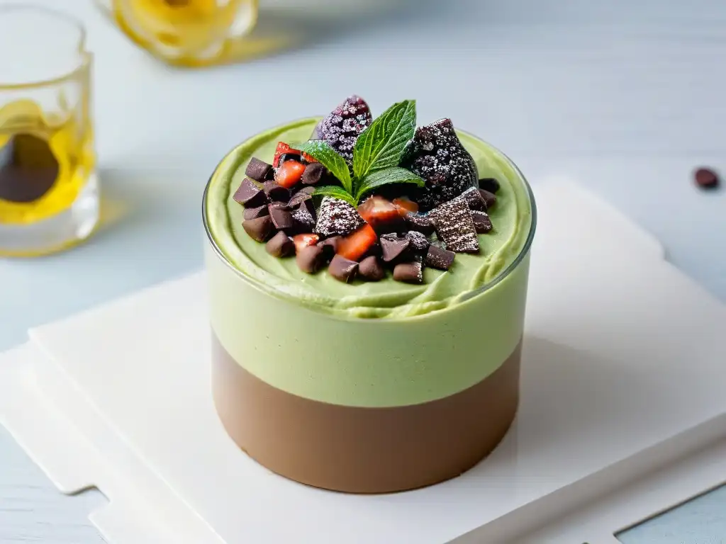 Postre saludable de alta gama: exquisita mousse de chocolate y aguacate en copa elegante con cacao y hoja de menta